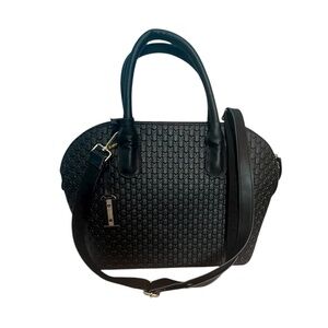 Elegant Black Dome Satchel Handbag with Embossed Pattern and Shoulder Strap